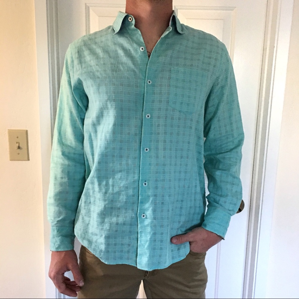 Tommy Bahama blue plaid linen long sleeve shirt M